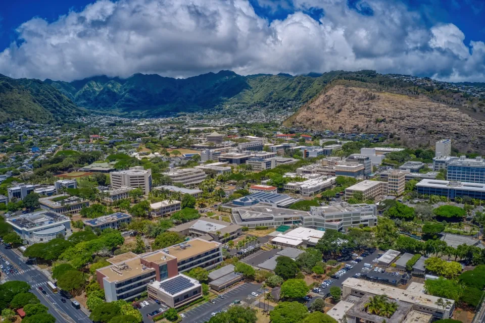 Aerial view of University of Hawaii campus in Honolulu, HI.